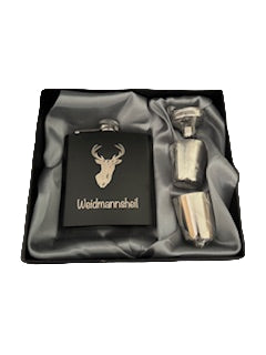 Flachmann-Set mit Gravur – Schwarz, inkl. 2 Trinkbecher im Geschenkset 🍂